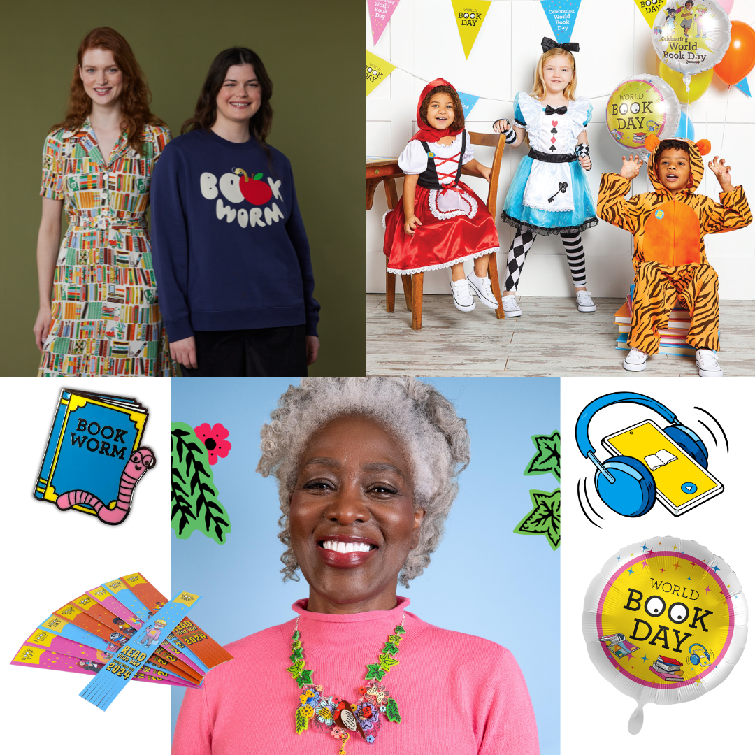 A collage celebrating World Book Day, featuring two women in book-themed clothing, children in storybook costumes, a smiling older woman with a colorful necklace, and playful illustrations of books, bookmarks, and headphones, all emphasizing the joy of reading and storytelling.