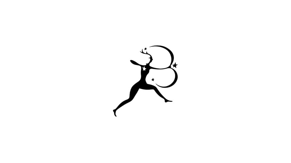 A minimalist black silhouette of a woman in motion, symbolizing activity and grace, with stars and a crescent shape integrated into the design.