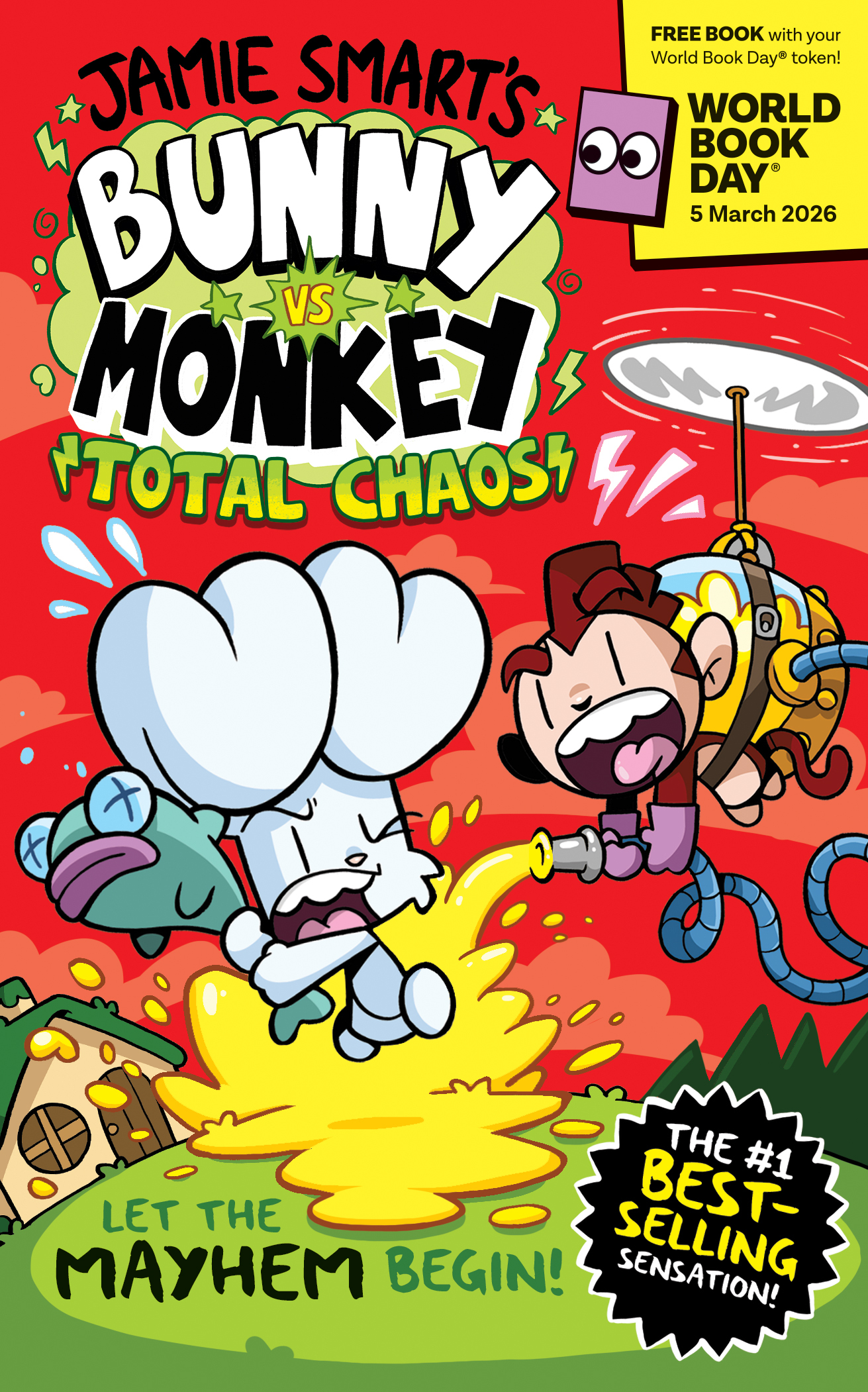 A colorful book cover for "Bunny vs Monkey: Total Chaos" by Jamie Smart, featuring a bunny in a chef's hat and a monkey in a playful pose. The background is vibrant with lightning bolts, emphasizing a fun and chaotic theme. Text highlights "World Book Day" and "Best-Selling Sensation."