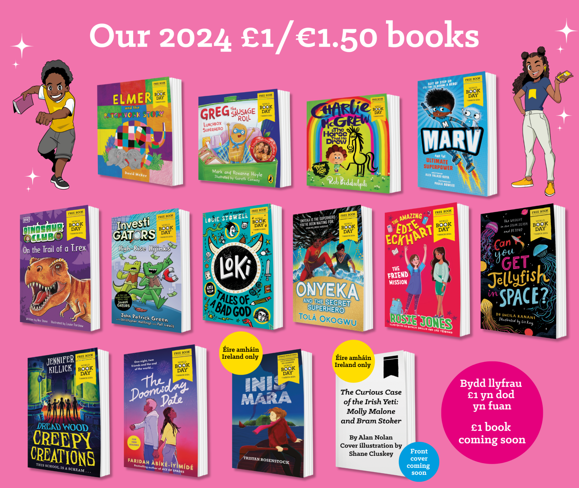A vibrant promotional image for the 2024 £1/€1.50 children's books features colorful covers of various titles, including "Elmer," "Greg," and "Onyeka." The background is pink, showcasing characters in playful poses alongside the book covers, emphasizing the affordable prices for World Book Day.