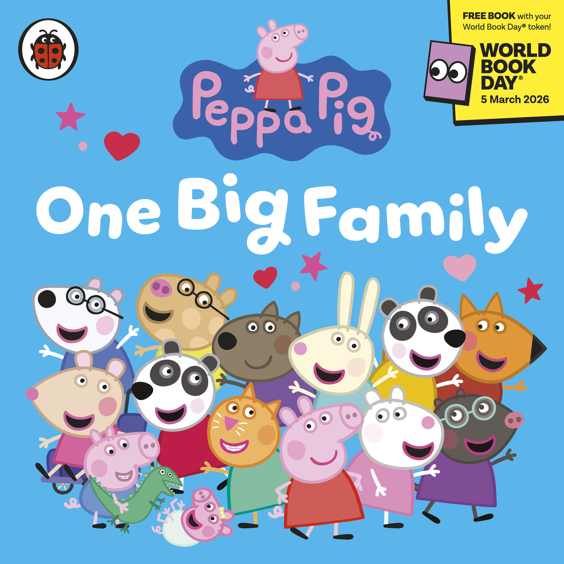 The book cover for "One Big Family" by Peppa Pig. The cover artwork features a colorful illustration of Peppa Pig and her friends, all smiling and posing together. There are playful hearts and stars against a bright blue background.