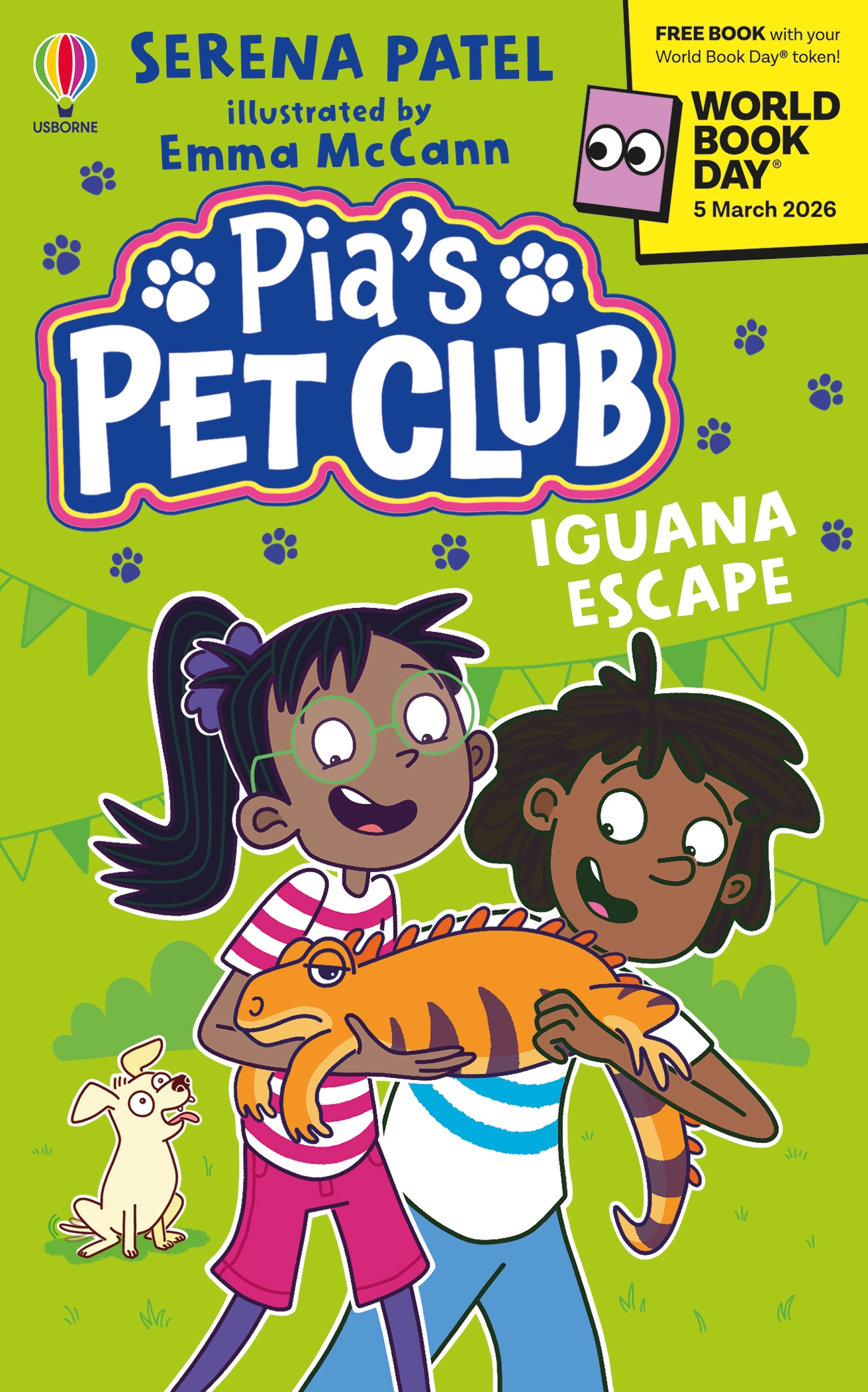 Cover of "Pia's Pet Club: Iguana Escape" featuring two children, one holding a pet iguana, and a playful dog in the background. The title, author, and illustrator are prominently displayed.