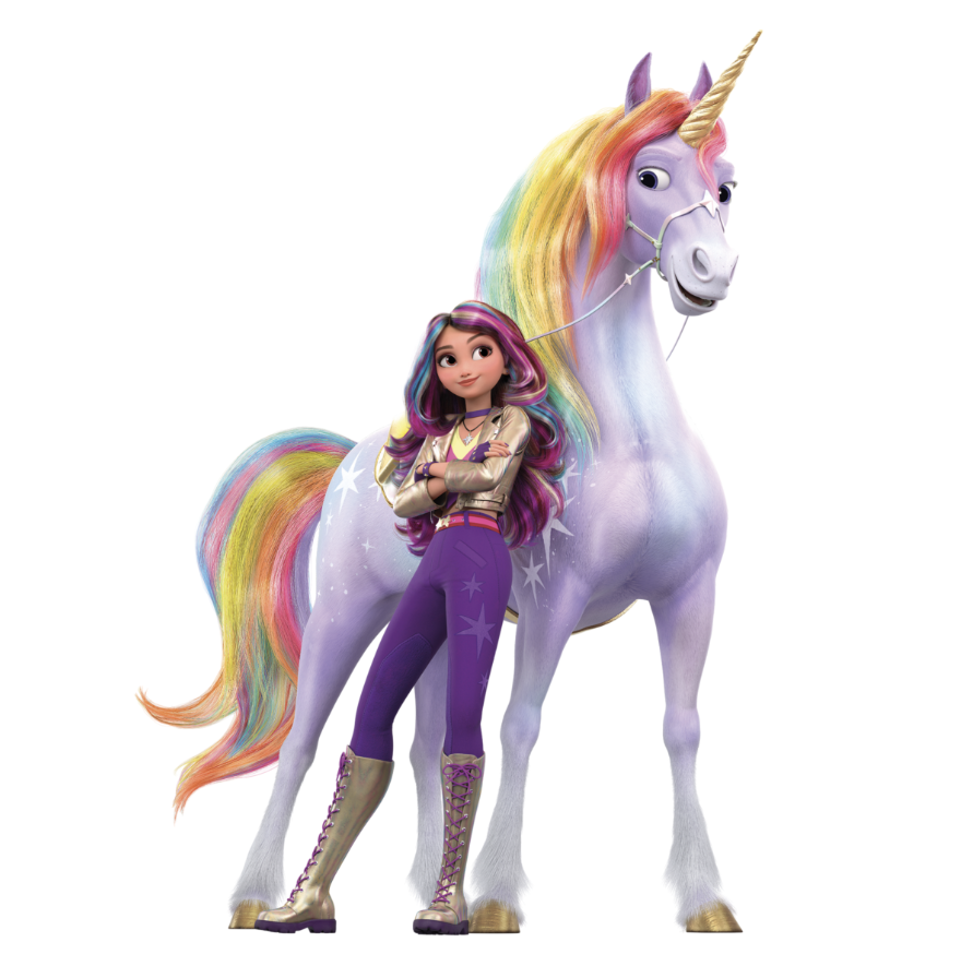 A young girl with colorful hair stands confidently beside a majestic unicorn, both adorned in vibrant colors. The unicorn has a shiny, golden horn and a shimmering mane, while the girl wears stylish clothing and boots, exuding a magical and adventurous spirit.