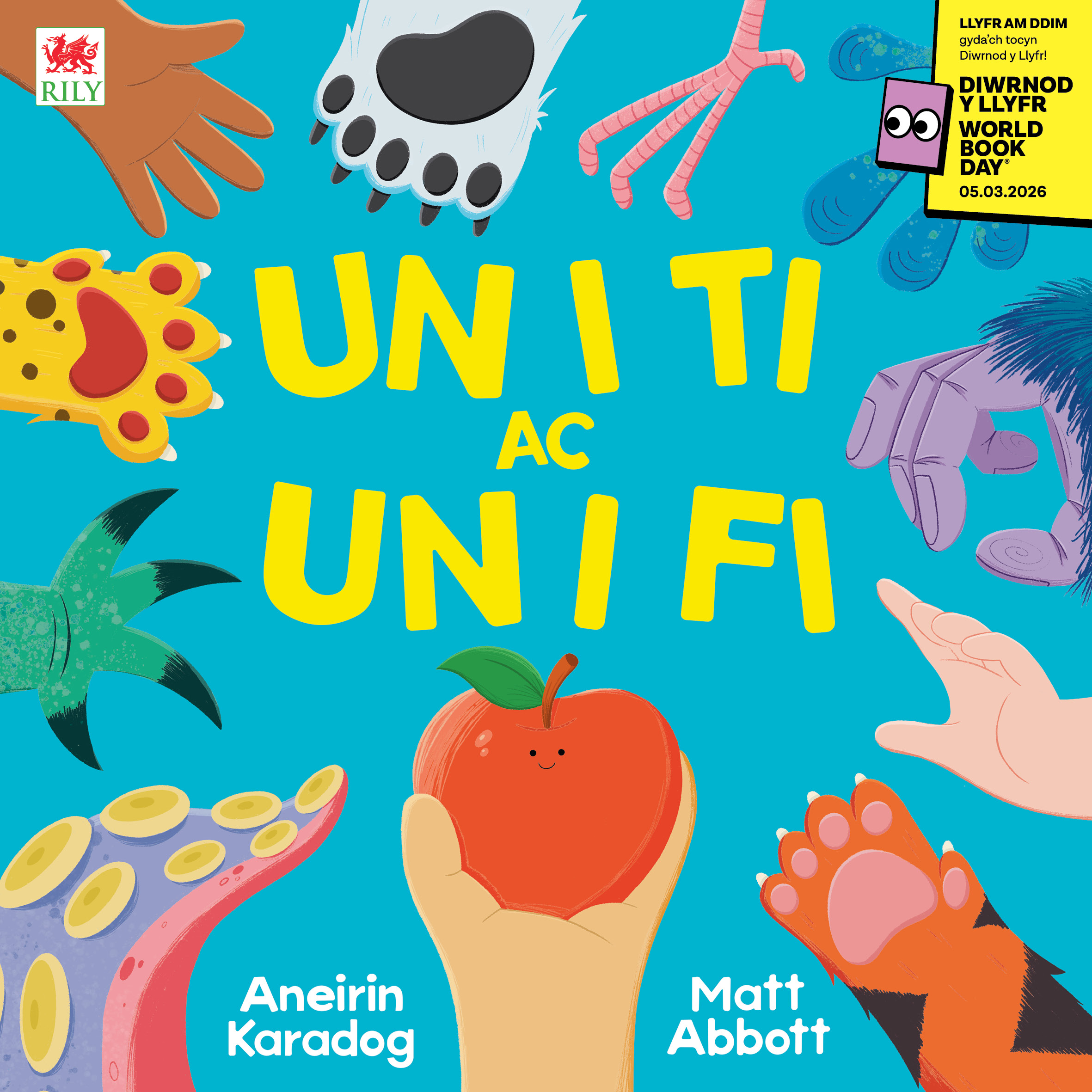 A colorful book cover featuring various cartoon hands and animal paws reaching towards a smiling apple, with the title "UN I TI AC UN I FI" prominently displayed. The background is bright blue.
