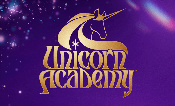 A golden logo featuring a stylized unicorn and the text "Unicorn Academy" against a purple background with sparkles, conveying a whimsical and magical theme.