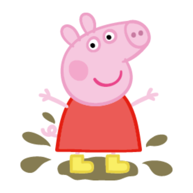 Peppa Pig is wearing a red dress and yellow boots. She is standing in a puddle, splashing mud playfully with her arms spread wide.