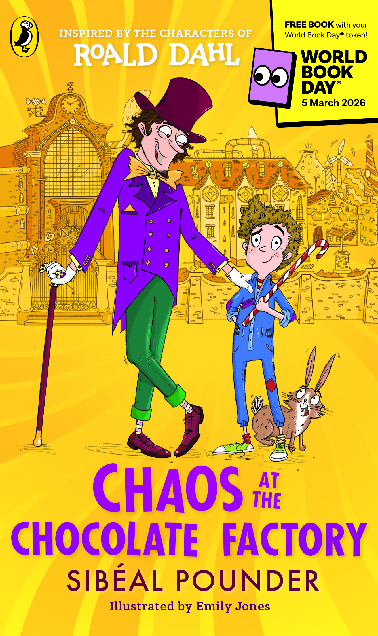 A colorful book cover for "Chaos at the Chocolate Factory," inspired by Roald Dahl's characters. It features a whimsical man in a purple outfit and top hat, alongside a young boy and a rabbit, set against a playful chocolate factory backdrop.