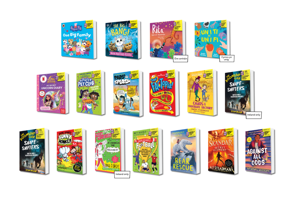 A collection of colorful children's book covers arranged in a grid. Titles include "One Big Family," "The Big Bang!" and "Unicorn Diary." Each book features vibrant illustrations and the words "Ireland only" on some covers, indicating regional availability.