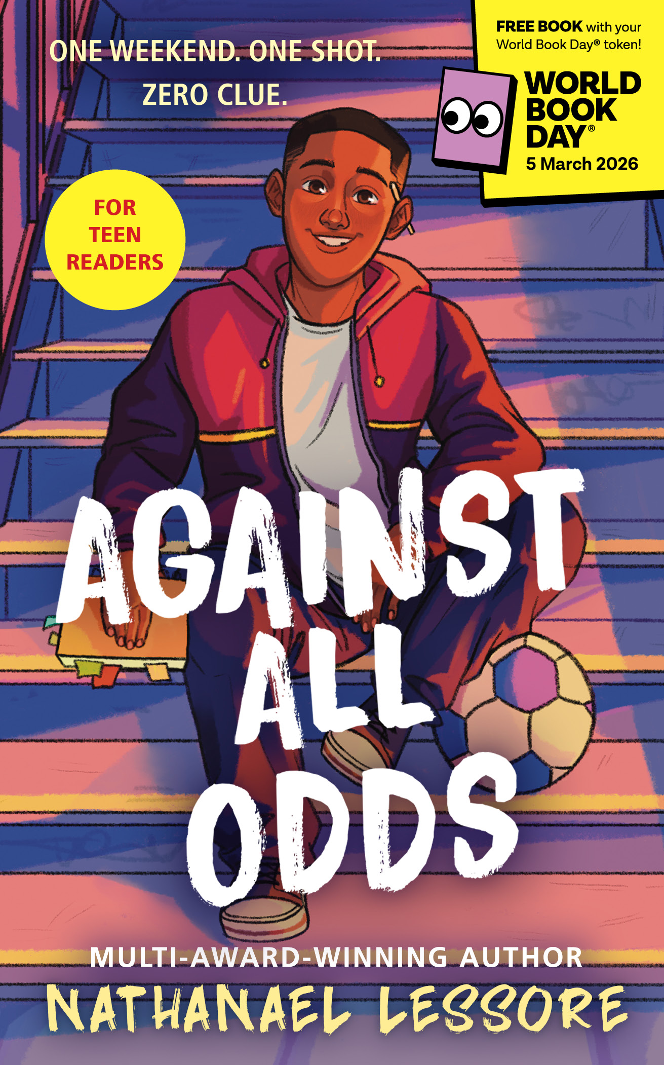 A young boy sitting on stairs holds a soccer ball, smiling confidently. The book cover, titled "Against All Odds" by Nathanael Lessore, targets teen readers and emphasizes a sense of adventure and determination. The design features vibrant colors and playful elements, indicating a story of challenges and resilience.