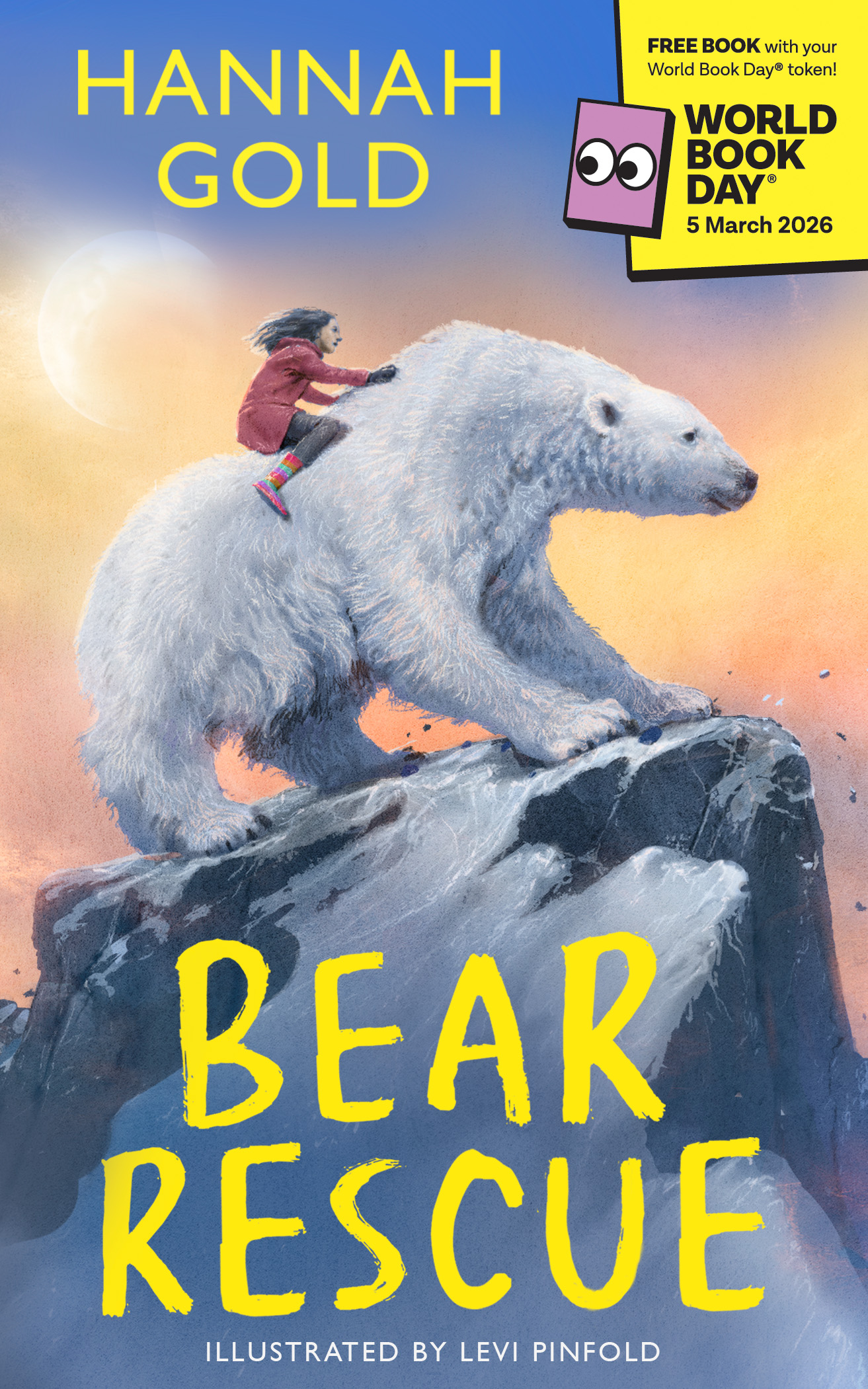 A young girl rides on the back of a large polar bear atop a snowy mountain, with a colorful sky in the background. The book cover features the title "Bear Rescue" by Hannah Gold, illustrating an adventurous theme of friendship and exploration.