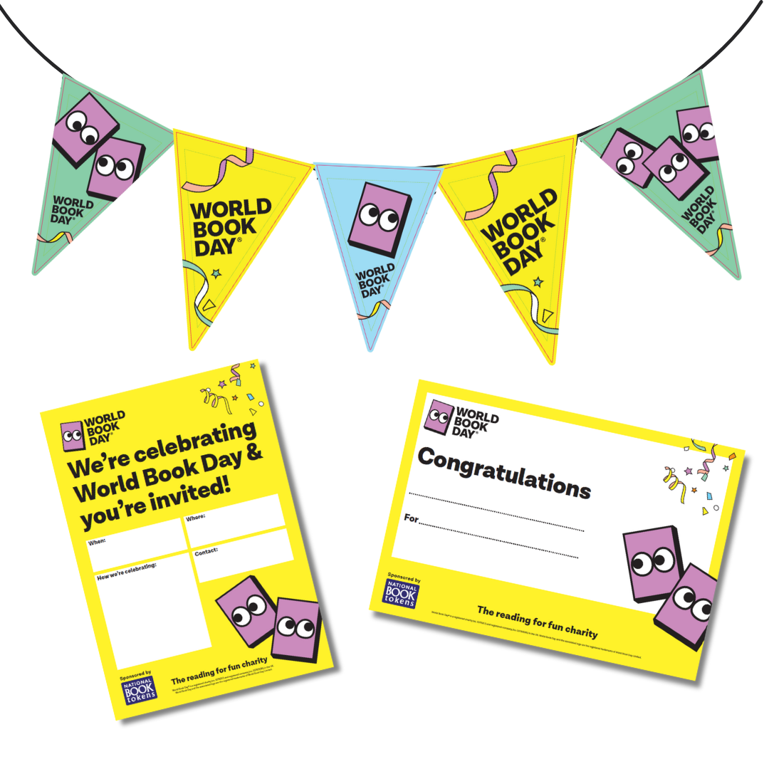 World Book Day celebration materials, featuring colourful bunting with book characters, a yellow invitation card for an event, and a congratulatory certificate, all bearing the "World Book Day" logo.