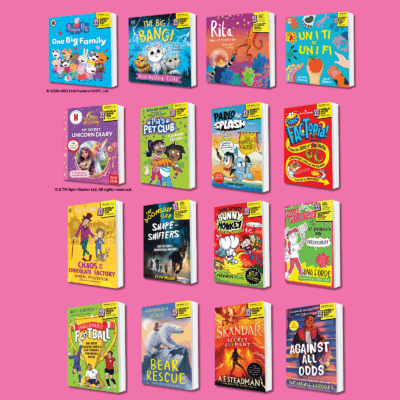 A colorful collage of children's book covers, featuring titles like "Peppa Pig: One Big Family," "The Big BANG!," and "My Secret Unicorn Diary." The books showcase various themes, including adventure, friendship, and fantasy, appealing to young readers.