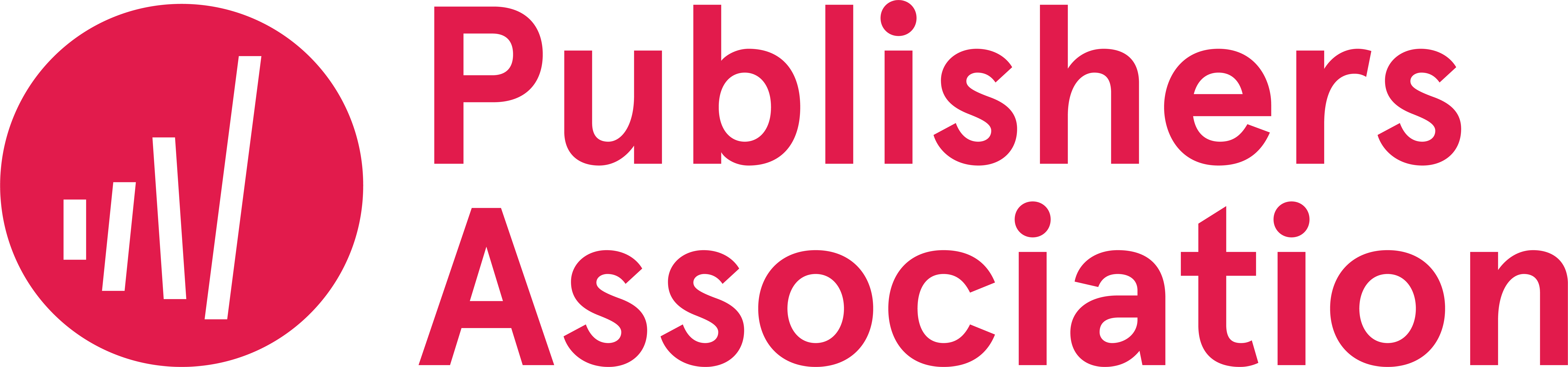 Logo with white bar chart and text "Publishers Association" on a red background.