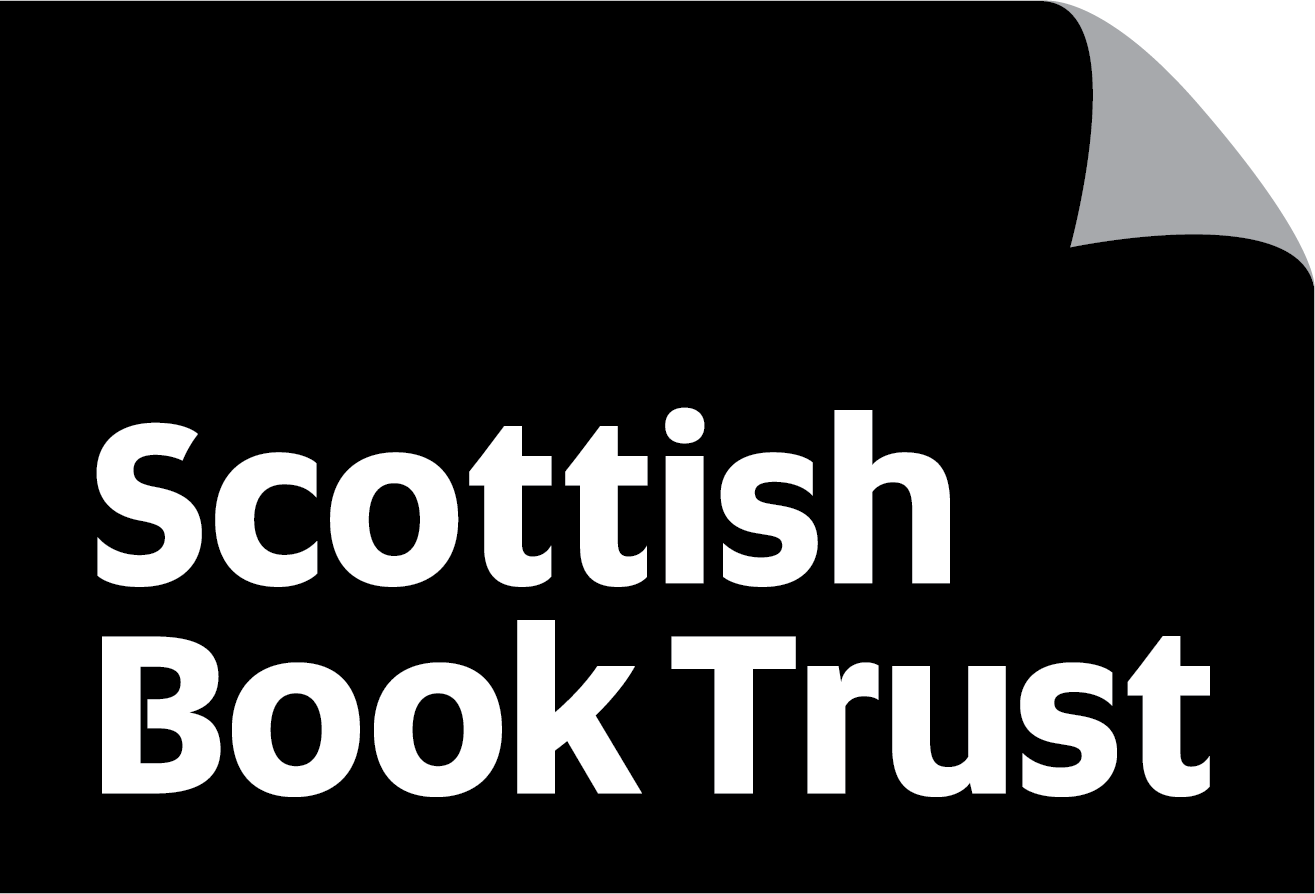 Logo with the words "Scottish Book Trust" in bold white text on a black background, featuring a curved grey page corner in the top right corner.