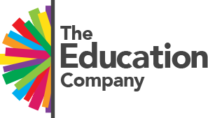 A colorful logo featuring a burst of rainbow-like rays on the left side, accompanied by the text "The Education Company" in a modern font.
