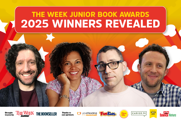 A promotional image for the Week Junior Book Awards, featuring four presenters smiling against a colorful background with stars. The text announces the 2025 winners.