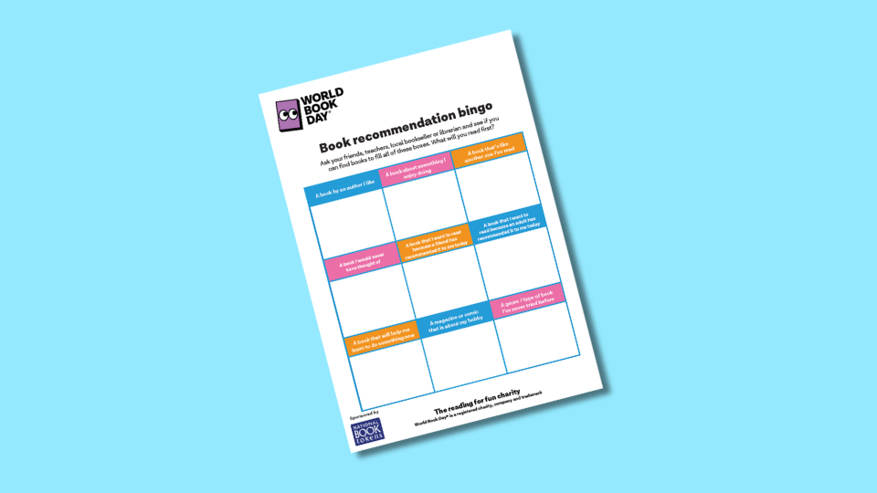 Book recommendation bingo card on a blue background, featuring nine colorful squares with prompts encouraging diverse reading choices, including genres and themes.