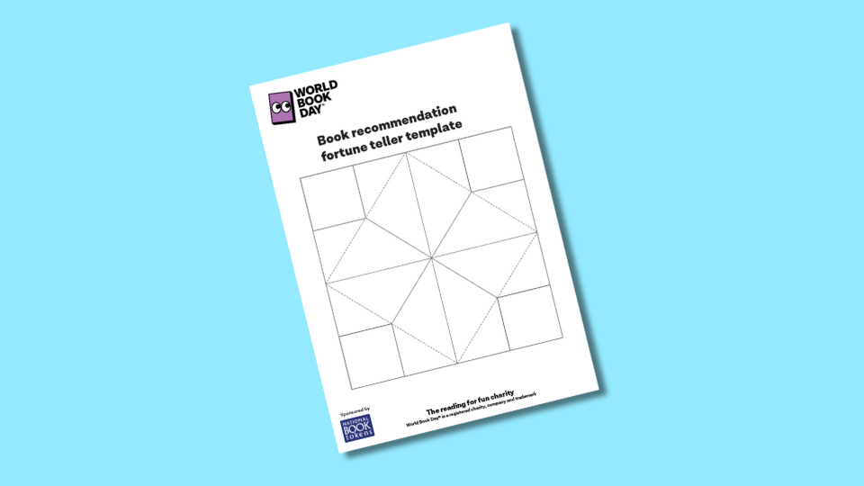 World Book Day fortune teller template, featuring a blank geometric pattern for folding, on a blue background.