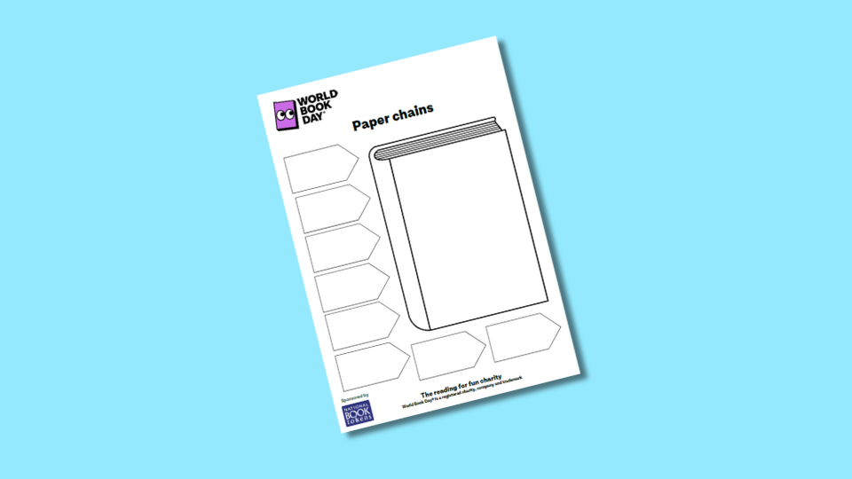 Template for creating paper chains featuring outlined shapes of books and panels, accompanied by World Book Day branding, set against a light blue background.