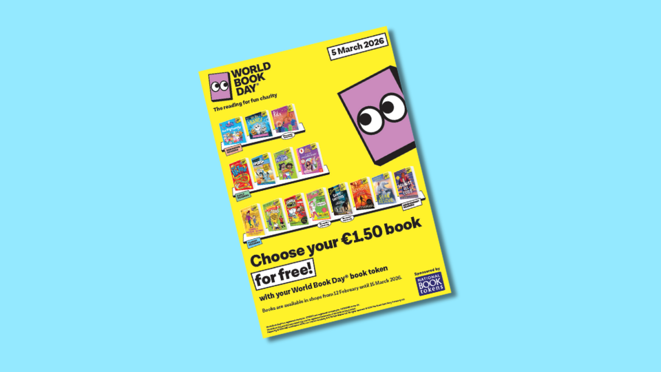 World Book Day 2026 poster on a blue background, featuring a cartoon book character and a selection of book covers. The text promotes choosing a free £1.50 book with a World Book Day token.