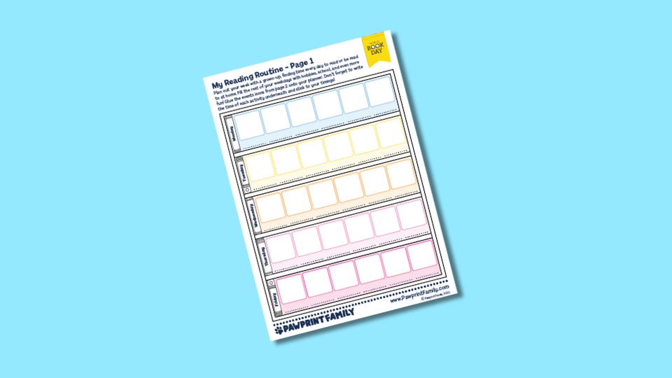 A colorful reading routine worksheet with sections for monitoring reading activities. Each section has a series of blank boxes for writing tasks or goals.