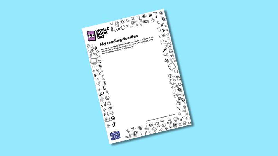 A World Book Day activity sheet titled "My reading doodles," with a blank space for drawing and doodles of books and reading-related items around the border, set against a light blue background.