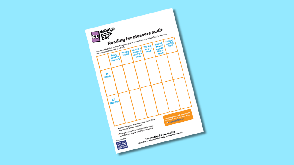 A tilted worksheet titled "Reading for Pleasure Audit" features blank columns on a blue background. It includes sections for reading activities at home and school, with logos and instructions at the bottom.