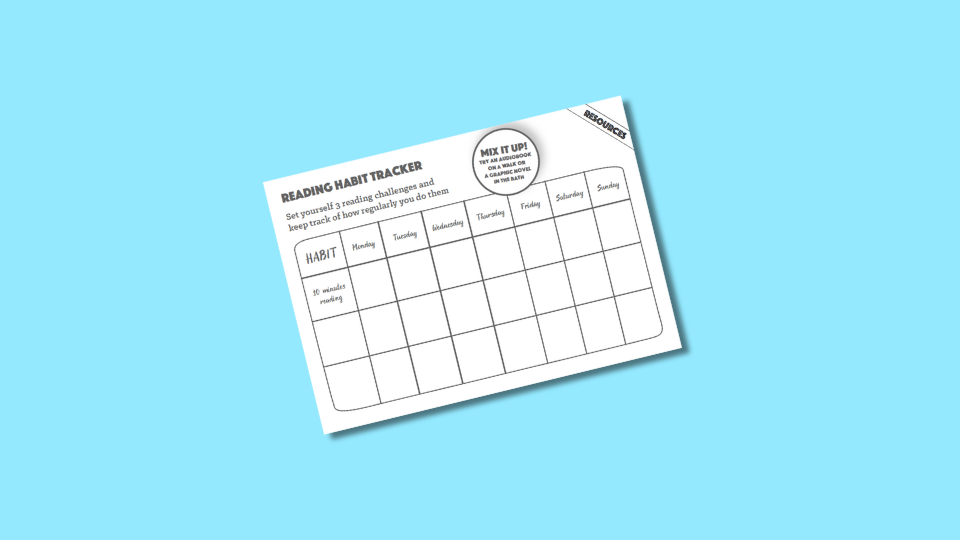 Reading habit tracker with a grid for daily entries. It includes spaces for reading goals and a mix-it-up challenge in the top-right corner.