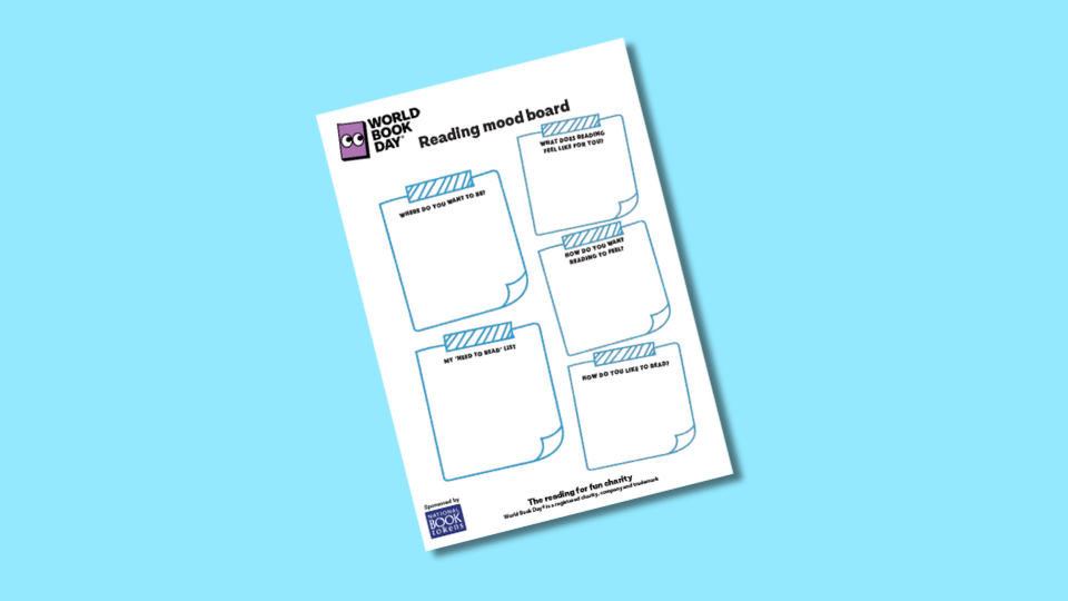 World Book Day reading mood board with sections for book ideas and reading goals, set against a blue background.