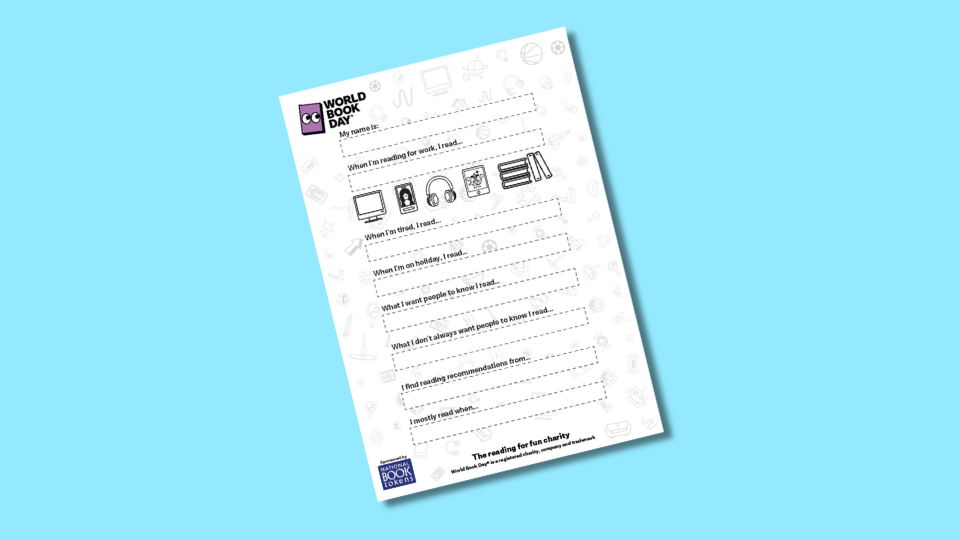 A World Book Day reading challenge worksheet on a blue background, featuring fill-in-the-blank prompts with icons for activities like travel and relaxation.