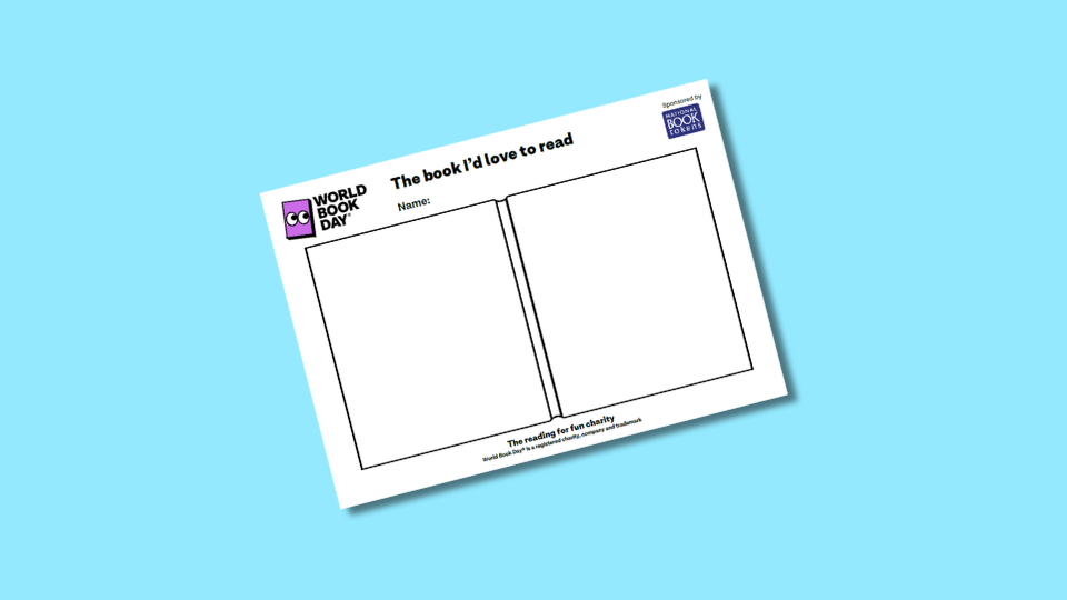 Blank book cover template for "The book I'd love to read" activity, featuring two rectangles for drawing. It includes "World Book Day" logo and space to write a name.
