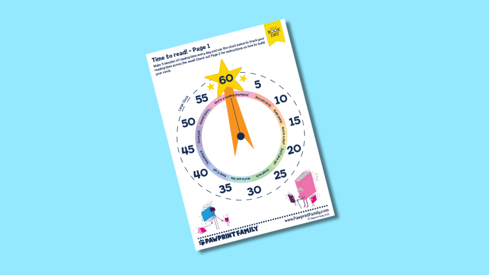 A colourful illustration of a reading challenge clock with numbered intervals, a central yellow star, and books at the bottom.