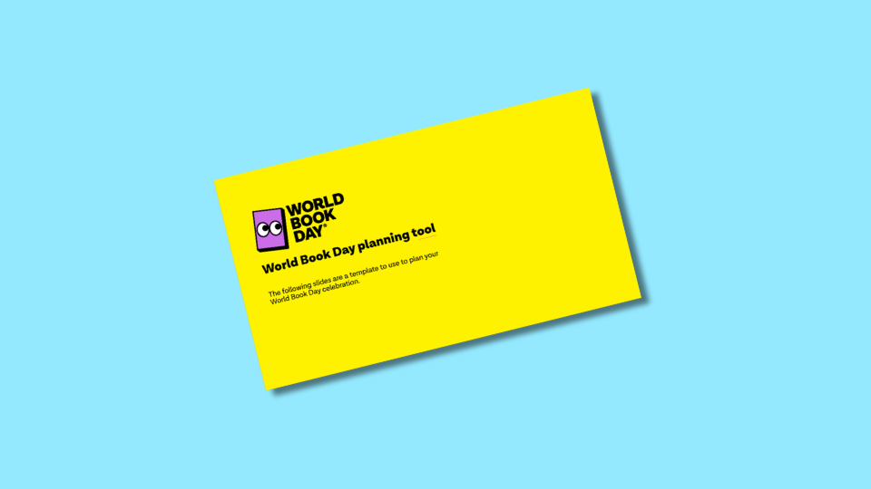 Yellow slide with "World Book Day" text and logo, titled "World Book Day planning tool," on a blue background.