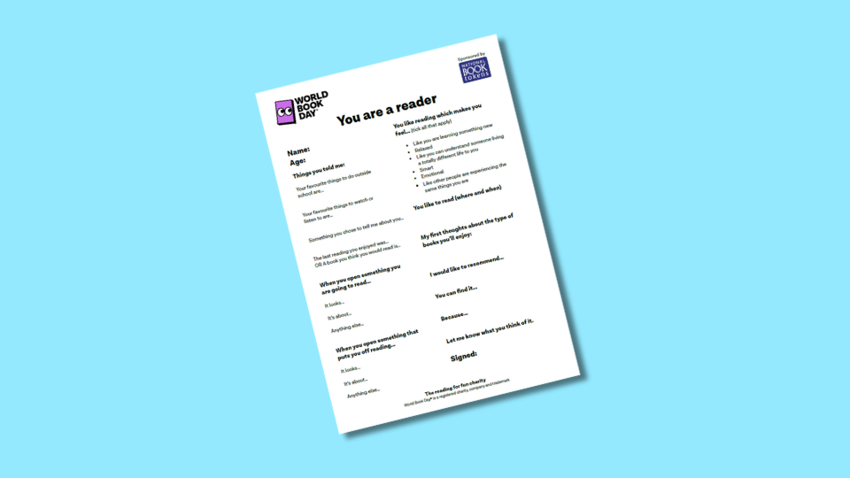A certificate on a blue background, titled "You are a reader," features sections for name, age, book preferences, and reading habits. It is part of World Book Day, encouraging engagement with books and offering a space for personal thoughts and signatures.