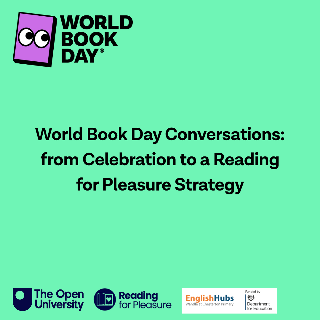 World Book Day promotional image featuring a purple book icon and text discussing a strategy for reading pleasure, with logos of The Open University, Reading for Pleasure, English Hubs, and Department for Education at the bottom.