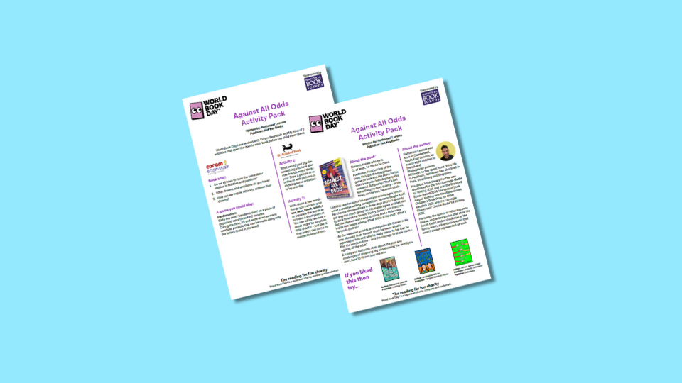 Two pages of the "Against All Odds Activity Pack" for World Book Day, featuring text, images, and colorful elements on a light blue background.