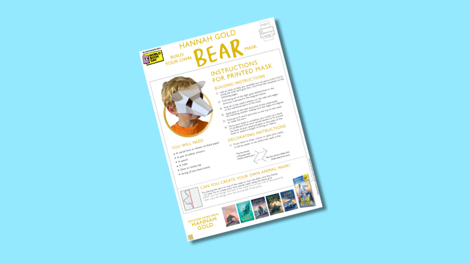 Instructions for building a bear mask are shown on a sheet. The page includes an image of a child wearing a paper bear mask, a materials list, and step-by-step directions for assembly and decoration. There are references to related books by Hannah Gold.