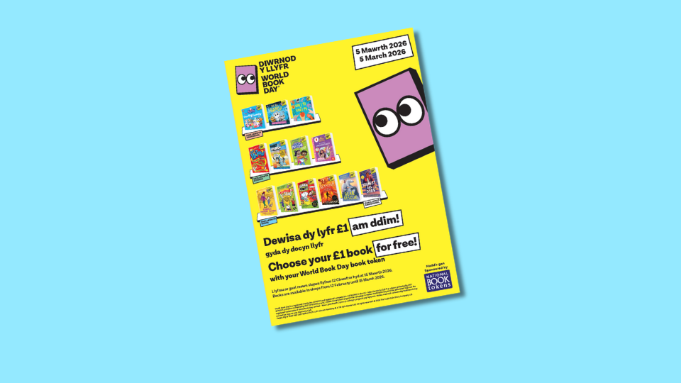 Yellow World Book Day poster featuring a row of children's book covers, a character with large eyes, and text about choosing a book for free with a token on March 5, 2026.