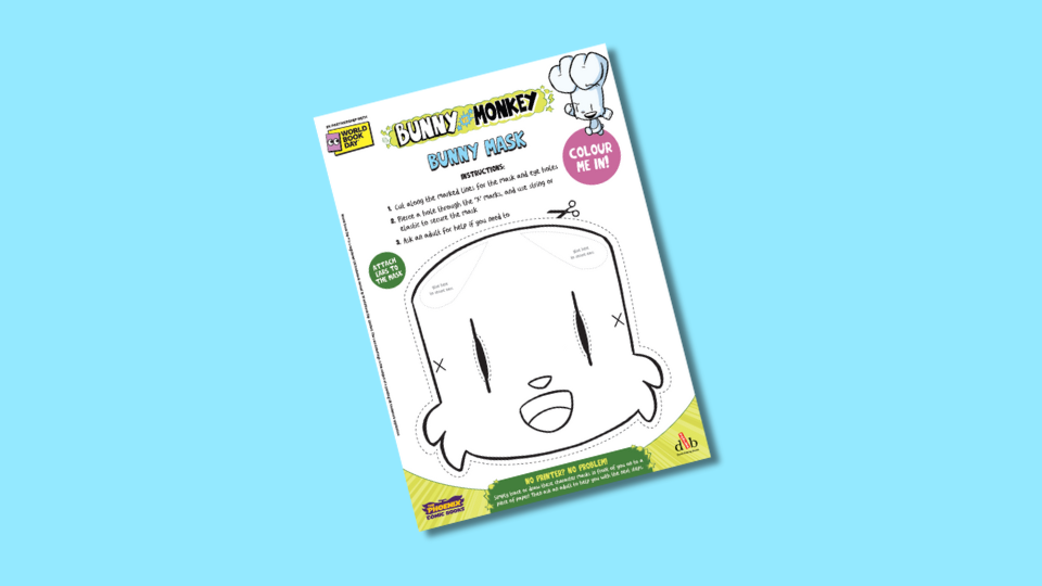 A printable activity sheet for Bunny vs Monkey masks, featuring a blank, outlined face to colour and cut out. Instructions for making the mask and decorative elements are included.