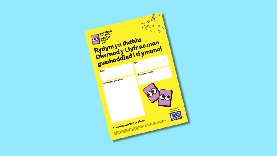 Yellow poster with Welsh text inviting people to celebrate World Book Day. It features cartoon books with eyes, spaces for event details, and festive doodles.
