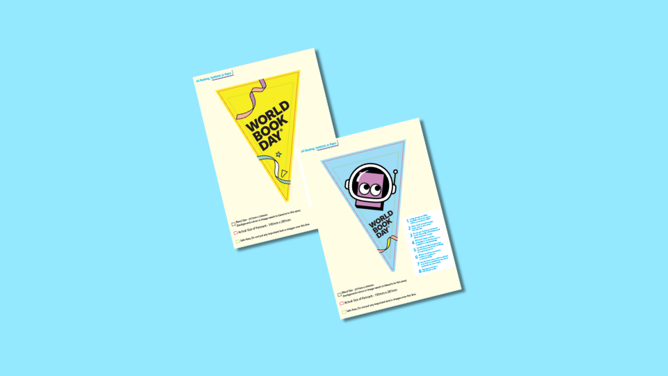 Two images of cut out bunting with "World Book Day" text and wavy design. One features a cartoon character.