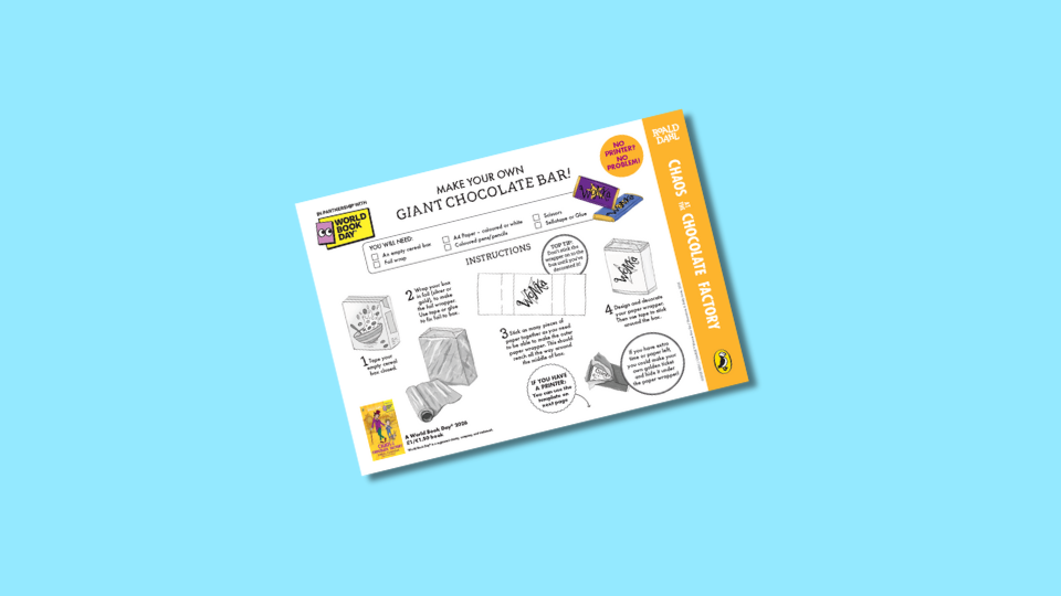 Instructions for creating a giant chocolate bar. The image includes a list of materials, steps with illustrations, and mentions "World Book Day" and "Charlie and the Chocolate Factory." It features an orange sidebar and a small illustration of chocolate.