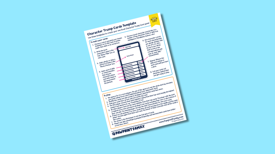 Character Trump Cards template with instructions on filling out card attributes. The document includes sections for name, description, and categories like strength or speed, designed for creating personalized cards.