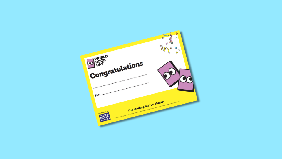A World Book Day certificate with "Congratulations" printed, featuring cartoon books with eyes and decorative confetti on a yellow border.