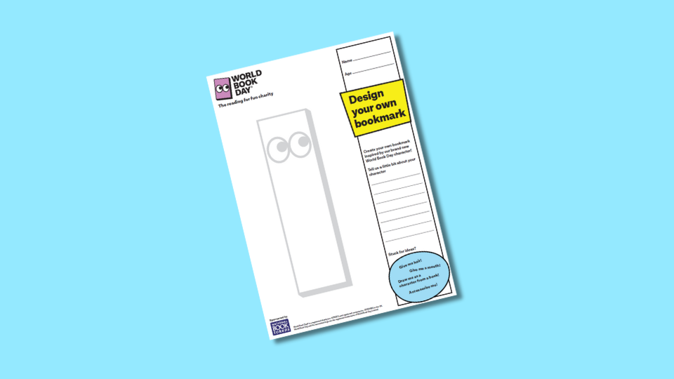 World Book Day bookmark design template with spaces for name, age, and design ideas, featuring cartoon eyes and instructions.