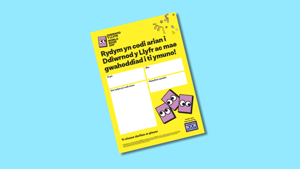 Bright yellow fundraising poster for World Book Day in Welsh, featuring cartoon book characters and spaces for event details.