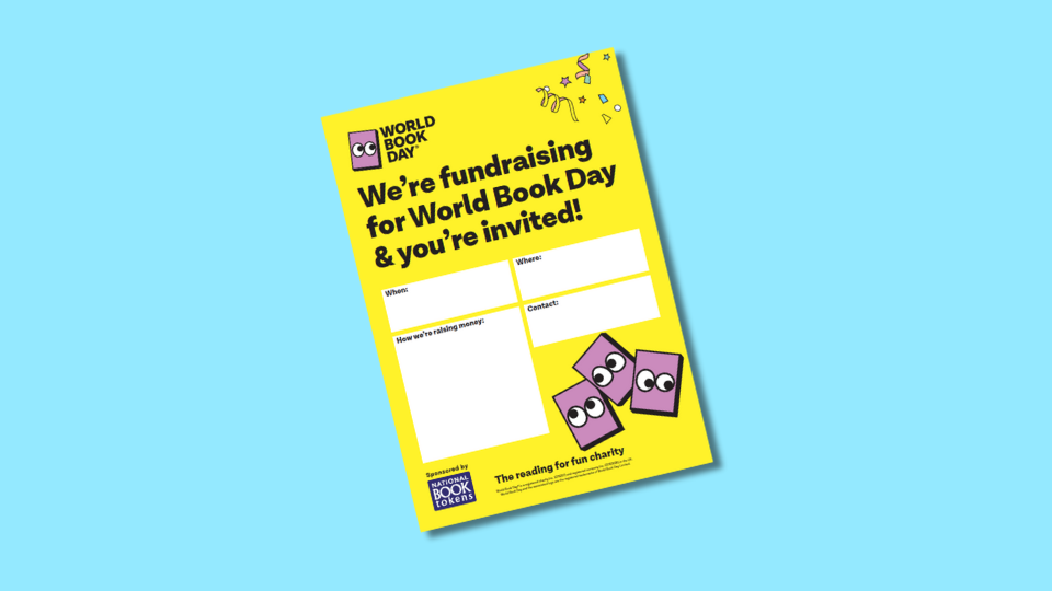 Yellow fundraising poster for World Book Day featuring cartoon book characters and spaces to fill in details like date, location, and contact.