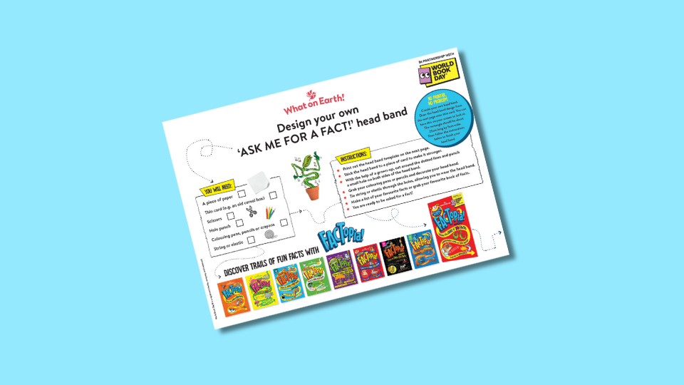 Design activity sheet for creating a headband with sections for materials, instructions, and illustrations. Promotes engagement with facts and features book covers along the bottom.