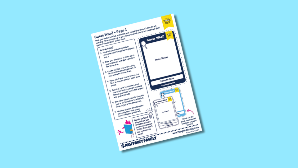 Activity sheet titled "Guess Who?" featuring game instructions and a character template for drawing pictures and names.