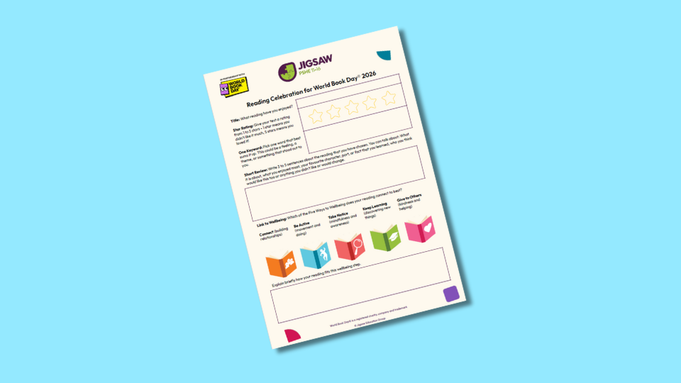 A colourful "World Book Day 2026" reading celebration worksheet featuring star ratings, questions, and icons for different book genres.